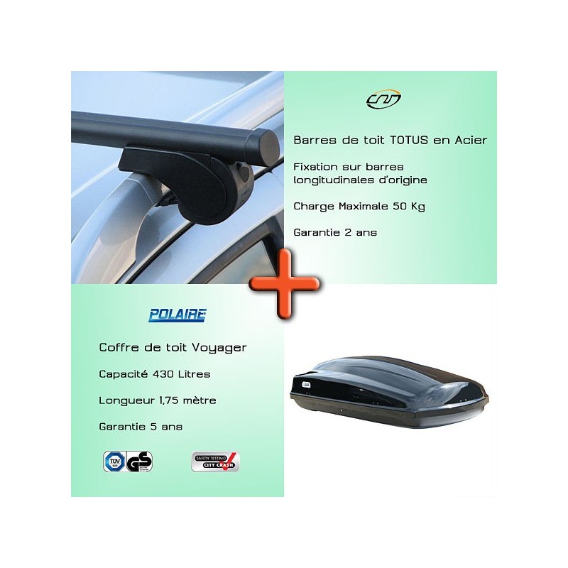 Pack Barres de toit Totus 150 cm pour barres longitudinales d'origine et Coffre toit  - 2160