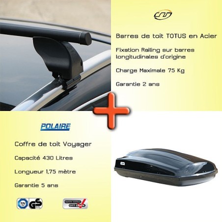 Pack Barres de toit Totus 112 cm fixation Railing et Coffre toit  102