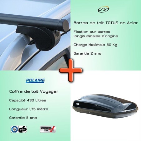 Pack Barres de toit Totus 112 cm pour barres longitudinales d'origine et Coffre toit  - 2160