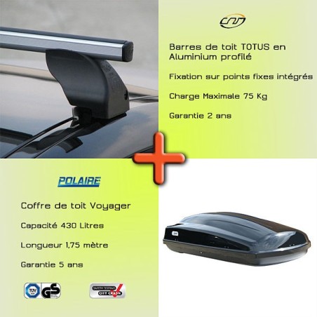 Pack Barres de toit alu Totus 112 cm pour points de fixation intégrés et Coffre toit  - 616