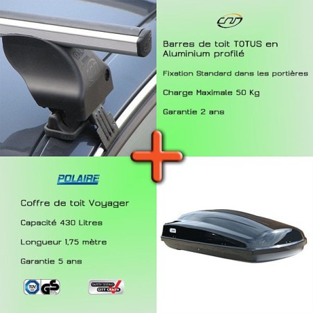 Pack Barres de toit alu Totus 112 cm fixation portières et Coffre toit  - 142