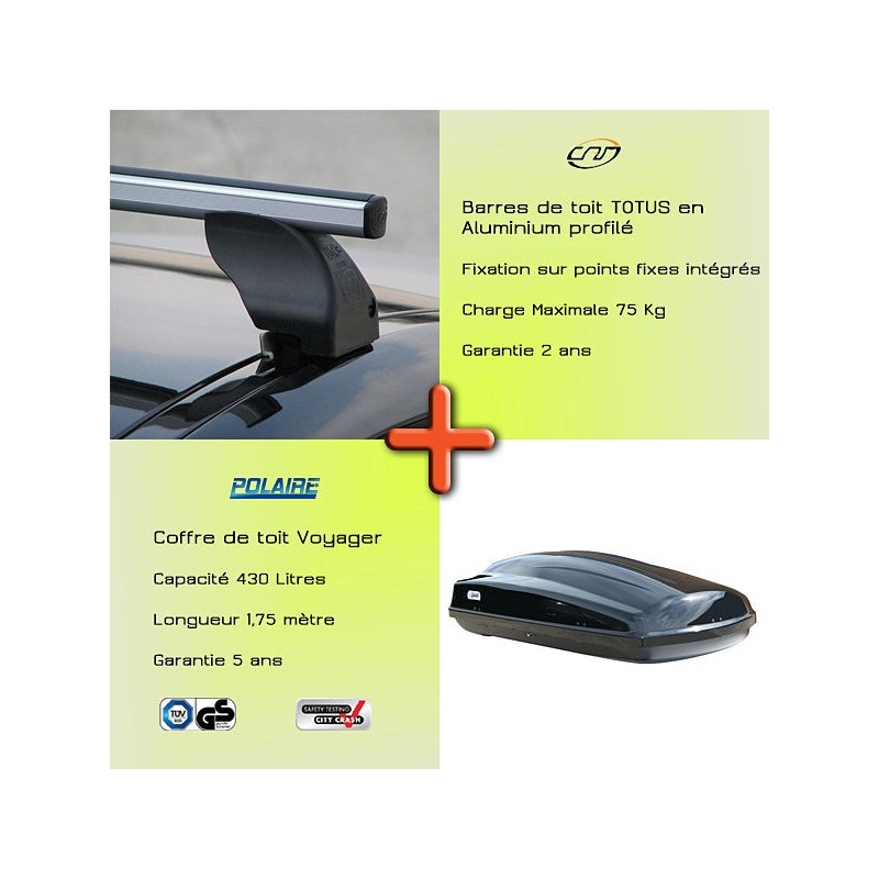 Pack Barres de toit alu Totus 112 cm pour points de fixation intégrés et Coffre toit  - 615