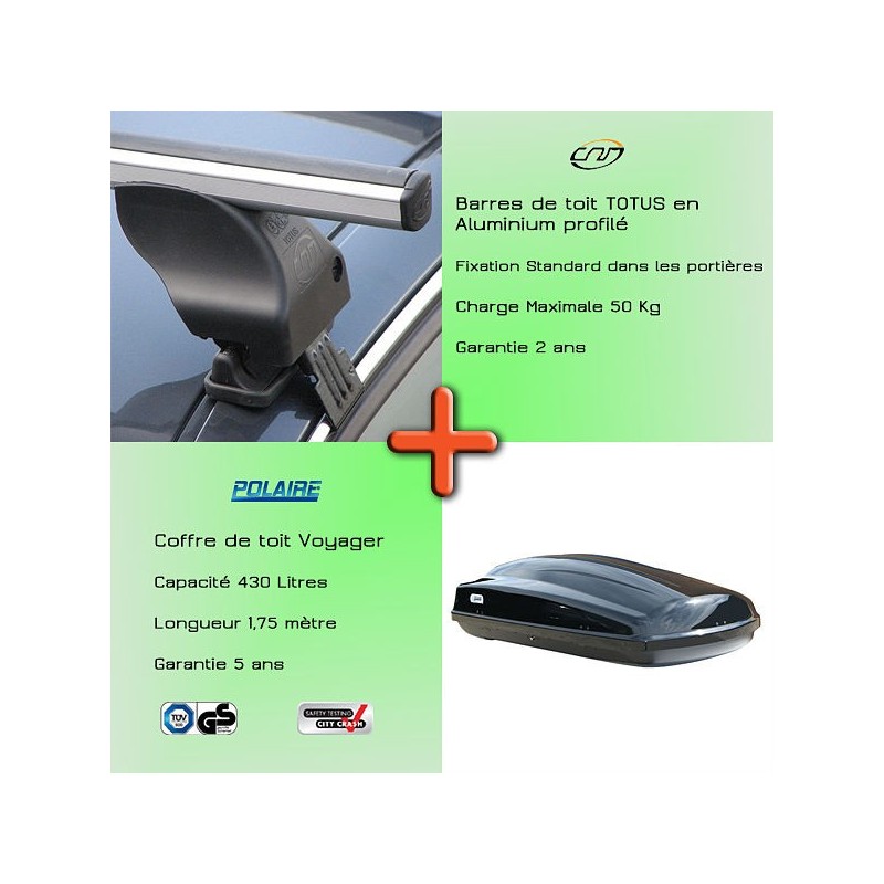 Pack Barres de toit alu Totus 112 cm fixation portières et Coffre toit  - 042