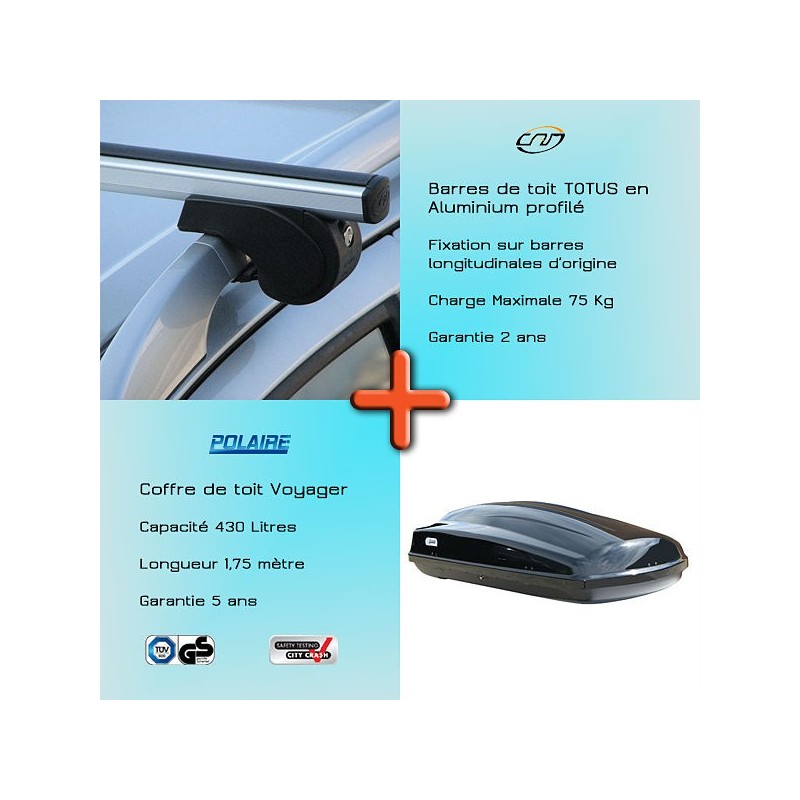 Pack Barres de toit alu Totus 130 cm pour barres longitudinales d'origine et Coffre toit  - 2160
