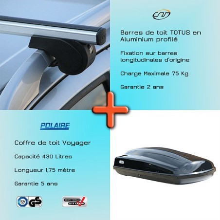Pack Barres de toit alu Totus 130 cm pour barres longitudinales d'origine et Coffre toit  - 2160