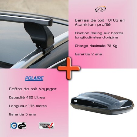 Pack Barres de toit Totus alu 112 cm fixation Railing et Coffre toit  102